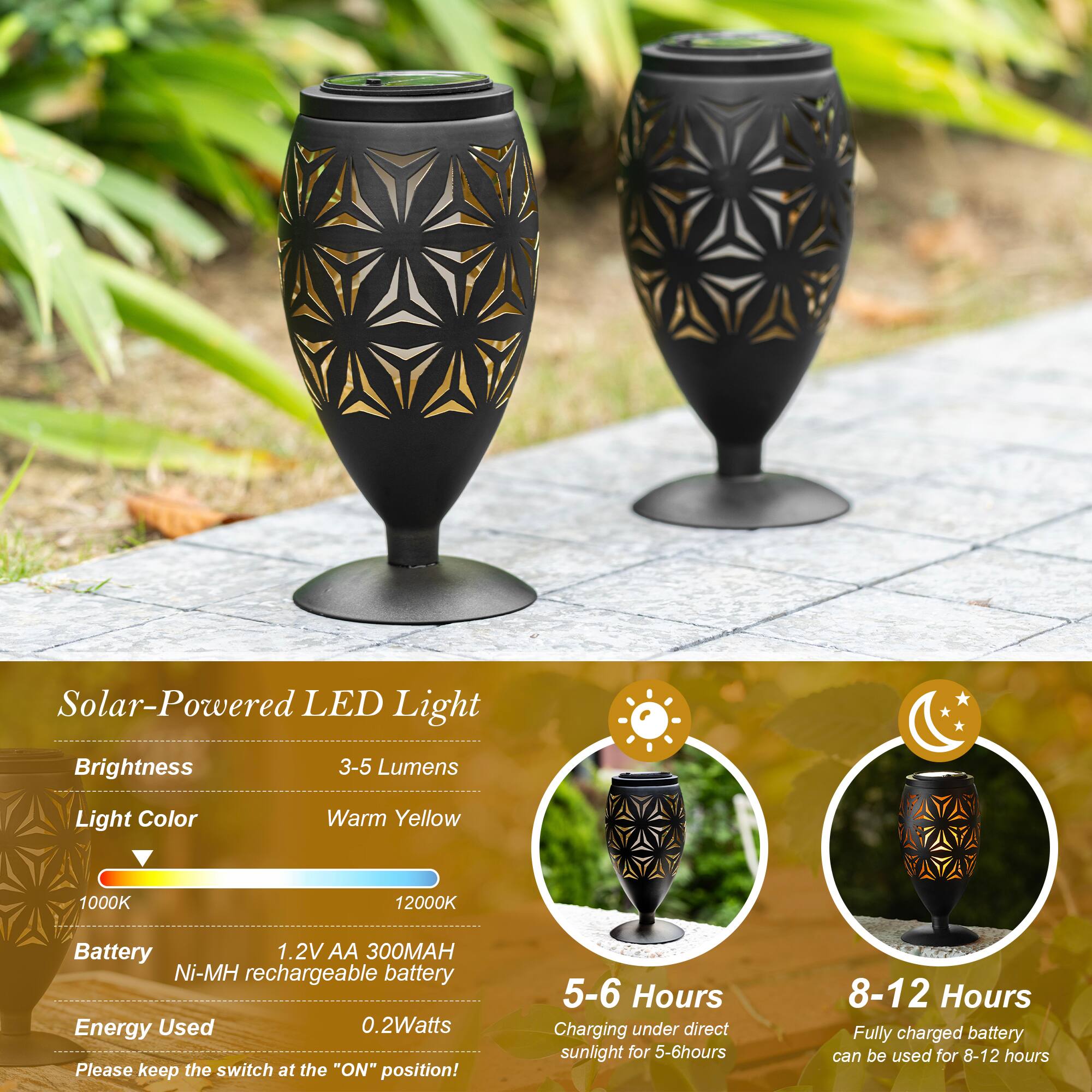 Glitzhome® 8.75" Set of 2 LED Black Metal Starburst Cutout Solar Powered Outdoor Lantern Set